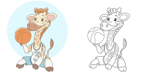 Giraffe basketball player. Cute baby animal character. Set with a coloring page and colorful cartoon illustration.