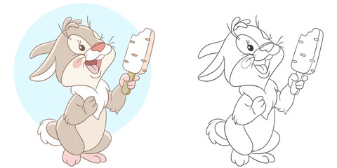 Bunny eating carrot ice cream. Cute baby animal character. Set with a coloring page and colorful cartoon illustration.