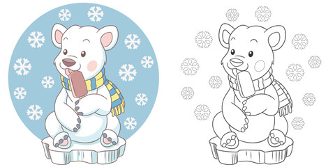 Polar bear eating ice cream. Cute baby animal character. Set with a coloring page and colorful cartoon illustration.
