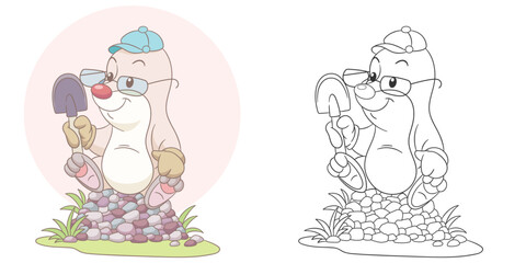 Mole digging soil with his spade. Cute baby animal character. Set with a coloring page and colorful cartoon illustration.