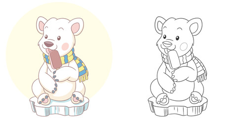 White bear with sweet ice cream. Cute baby animal character. Set with a coloring page and colorful cartoon illustration.