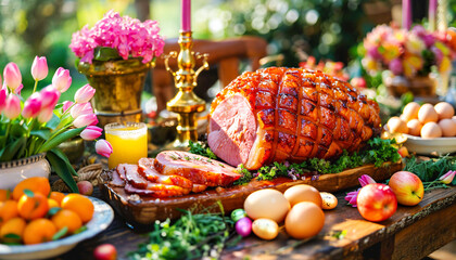Festive Easter Brunch Spread with Glazed Ham, easter eggs, salads, assorted appetizers and  spring flowers in garden - obrazy, fototapety, plakaty