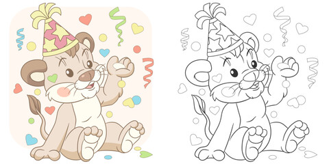 Happy birthday lion cub. Cute baby animal character. Set with a coloring page and colorful cartoon illustration.