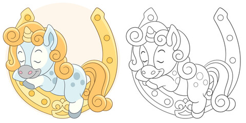 Fantasy unicorn sleeping on a horseshoe. Cute baby animal character. Set with a coloring page and colorful cartoon illustration.