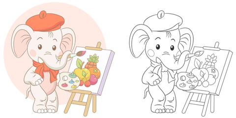 Elephant little painter. Cute baby animal character. Set with a coloring page and colorful cartoon illustration.