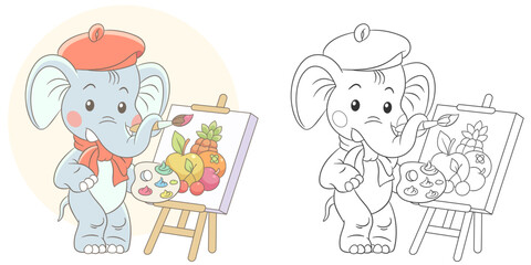 Elephant painting fruits on canvas. Cute baby animal character. Set with a coloring page and colorful cartoon illustration.