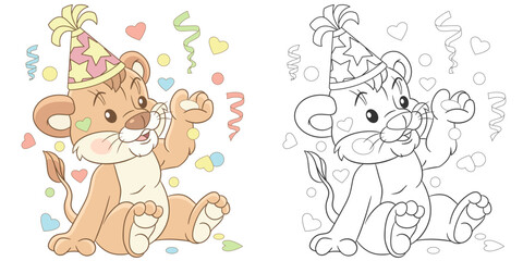 Obraz premium Little lion on a birthday party. Cute baby animal character. Set with a coloring page and colorful cartoon illustration.