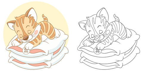 Little tabby kitten sleeping on a pillow. Cute baby animal character. Set with a coloring page and colorful cartoon illustration.