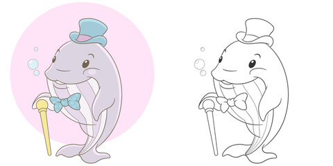 Whale gentleman with a walking stick. Cute baby animal character. Set with a coloring page and colorful cartoon illustration.
