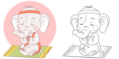 Elephant meditating in lotus pose. Cute baby animal character. Set with a coloring page and colorful cartoon illustration.