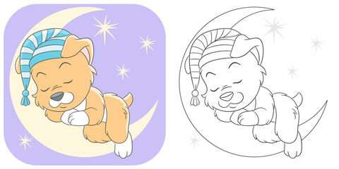 Dog sleeping on a half moon among stars. Cute baby animal character. Set with a coloring page and colorful cartoon illustration.