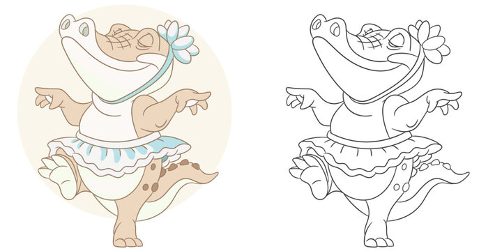 Crocodile dancing in ballet dress. Cute baby animal character. Set with a coloring page and colorful cartoon illustration.