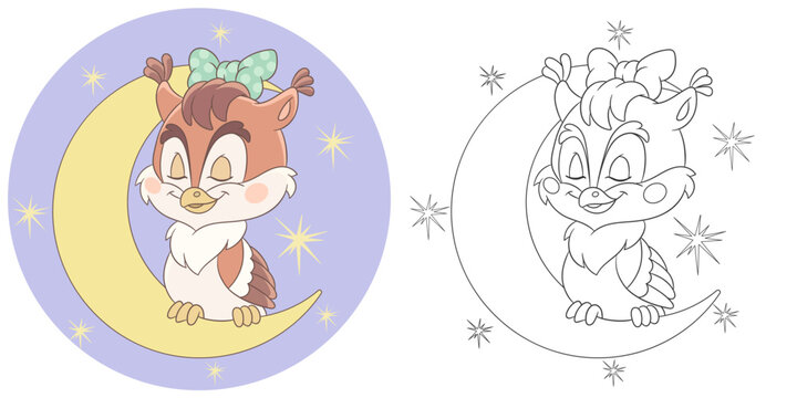 Owl sleeping on a half moon among stars. Cute baby animal character. Set with a coloring page and colorful cartoon illustration.