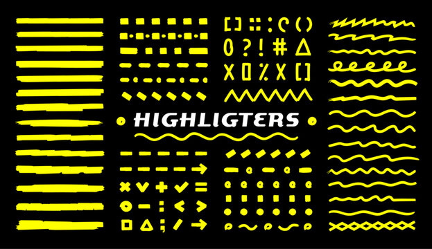 Hand-drawn set yellow highlight marker lines, underlines, rounds, arrows, punctuation marks, tick marks, and sketches. The brush lines are isolated on a black background. Doodle notes vector elements.