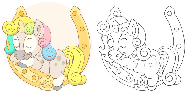 Magic rainbow unicorn sleeping. Cute baby animal character. Set with a coloring page and colorful cartoon illustration.