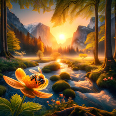 Sunlit Serenade: Bee's Paradise by the Falls