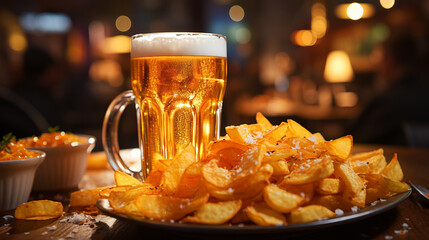 Beer in the beer mug and plate of chips on the table.