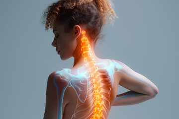 Hernia of the cervical spine, neck pain, woman suffering from backache, spondylosis of the intervertebral disc, health problems concept - obrazy, fototapety, plakaty