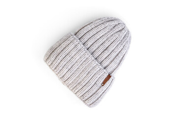 Wool knitted winter hat isolated on white background.