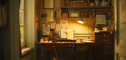 A charming study area in a children's room, with a vintage desk bathed in soft lamplight.
