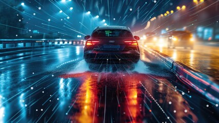 Dynamic Rear View of Car Traveling on Wet Road at Night with Light Trails