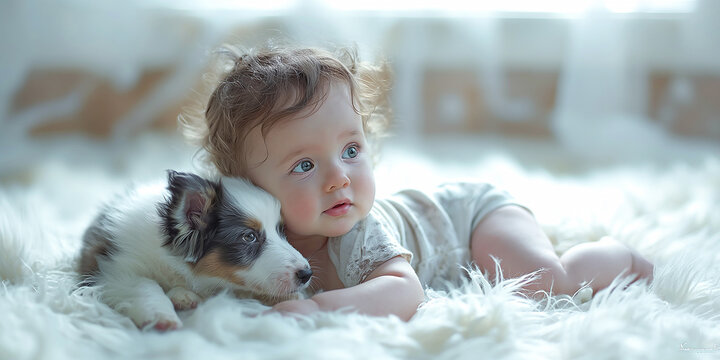 A blue-eyed baby and a black and white border collie puppy lie together on a white fluffy carpet and play, against the background of a window. Children's interactions with pets