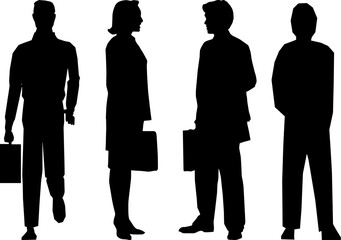 Vector of men and woman, a group of standing and walking business people, black color isolated on white background