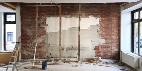 Wall of a house under renovation. Unfinished brick house and empty walls under construction