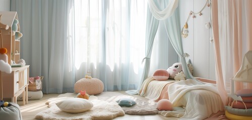 Obraz na płótnie Canvas Soft pastel hues dominate a tranquil children's room, with fluffy rugs and dreamy curtains fluttering.