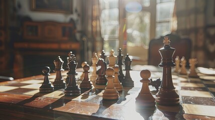 Sunlight streaming through a window onto a chessboard, casting shadows and highlighting a game in progress in a classic room. Chess Game in Sunlit Vintage Room

