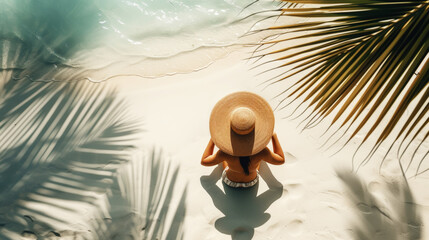 Aerial view of girl sitting with hat on a white sandy coast, blue ocean and shadows from palm...