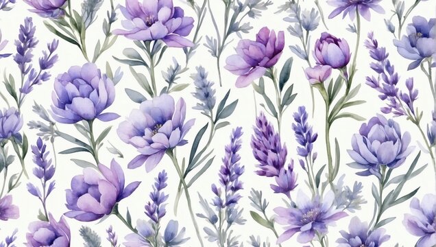 Soft lavender floral pattern. Watercolor dreamy flowers.