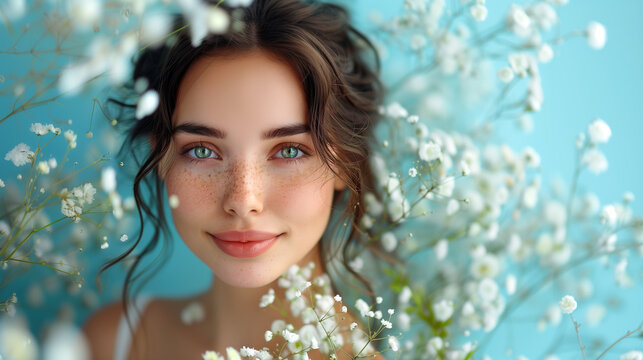 Portrait of a young woman surrounded by colorful flowers on light blue background.