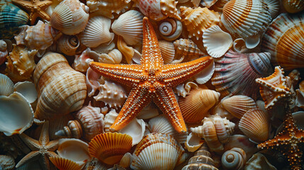 A starfish lies on shells on the beach