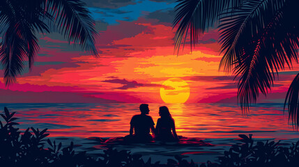 A couple in love sit on the beach and watch the sunset by the sea