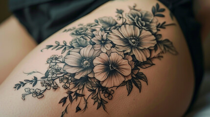 Flower tattoo on a woman's thigh - obrazy, fototapety, plakaty