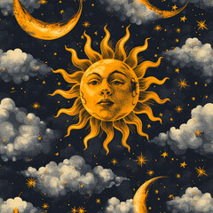 Fototapeta premium Tile with face as sun as background and to fill areas in soft colors, ai generated