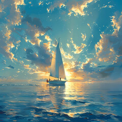 Serene Sailing Experience: Yacht Gliding on Calm Waters at Sunset