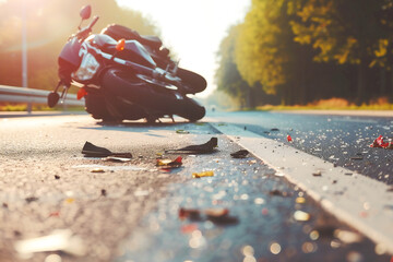 Crash on the road. Close up of a motorcycle accident on the road 
