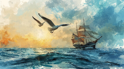 Illustration of a ship with seagull birds in the foreground
