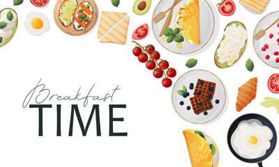 Web banner. Breakfast time. Eggs, sandwich, croissant, waffle with fruit, vegetables, fruit. Advertising flyer. Vector illustration