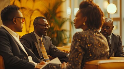 Group of business professionals engaged in a serious discussion in a warm, well-lit office lounge setting.