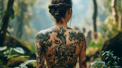 A young woman with a fully tattooed back in the forest