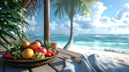 A fruit plate on the beach with palm trees and the sea in the background - obrazy, fototapety, plakaty