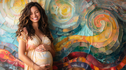 A beautiful smiling pregnant woman hugs her belly against a wall with an abstract multi-colored...