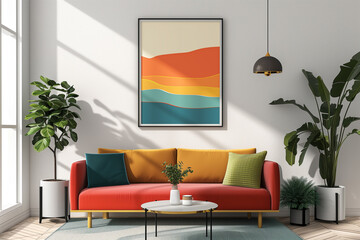 Modern Living Room Interior with Colorful Sofa and Abstract Wall Art - Perfect for Home Decor and Design Inspirations