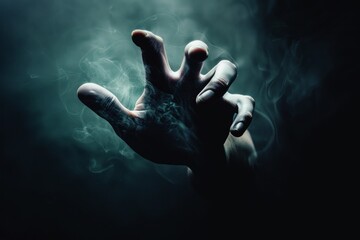 human hand in the smoke from the dark background - obrazy, fototapety, plakaty