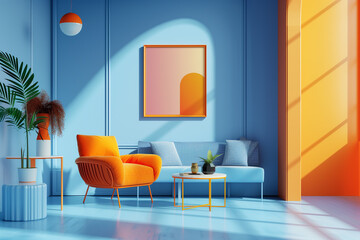 Vibrant Living Space with Bold Orange Chair and Blue Sofa Set Against Blue Walls - Ideal for Interior Design Themes