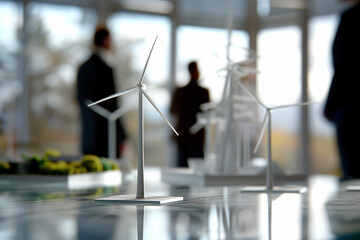 Model Wind Turbines Inside a Bright Office - Clean Energy and Eco-Innovation in Corporate Settings