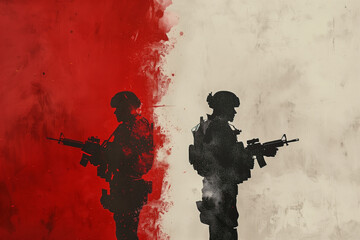Silhouettes of Armed Soldiers Against a Backdrop of Red and White - A Stark Commentary on Conflict and Valor